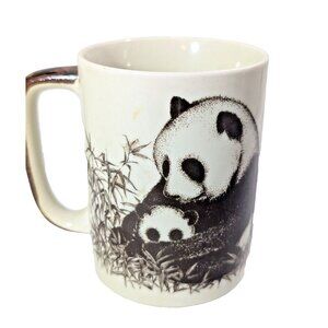 Vintage 1980 Otagiri Japan Panda Bear Coffee Mug Cup Mom Baby Bamboo Brown Cream